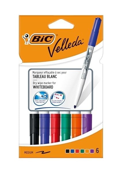 - Velleda 1741 Eco Yuvarlak Uçlu Beyaz Tahta Kalemi 6'lı Paket, 6 Farklı Renk, Sabit Yuvarlak Uç