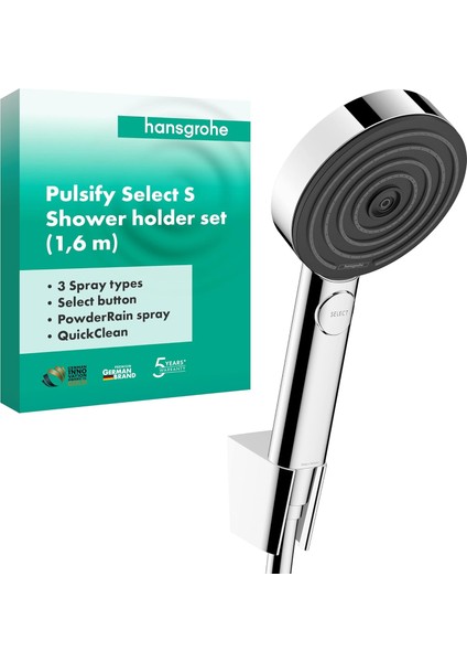 Pulsify Select S Duş Seti, Hortumlu ve Tutuculu Duş Başlığı, 3 Püskürtme Türüne Sahip Duş Başlığı, Krom
