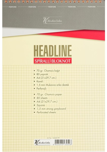 - Color A4 Kareli Karton Kapak 80 Yp. Spiralli Headline Bloknot