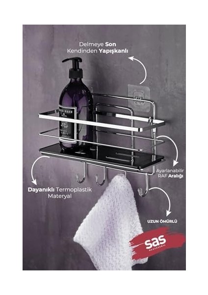 Haus Yapışkanlı Ömür Boyu Paslanmaz Ayarlanabilir Raf Banyo Düzenleyici Şampuanlık Krom Siyah Lş-01