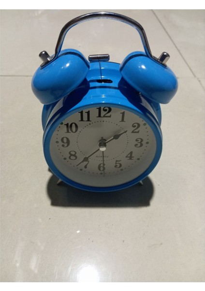 Nostaljik Çalar Saat 16×11 cm Ebatında Zilli Pil ile Çalışan Metal Mavi Masa Saati