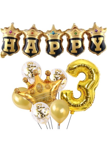Happy Yazılı Gold Konfetili 3 Yaş Rakam Balon Set