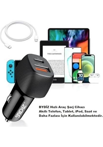 BY-38T 38W Hızlı Araç Şarj Cihazı Type-C Kablo Çift Giriş USB + Pd Apple iPhone 16/15 Uyumlu Apple iPhone & Android & iPad & MacBook Type-C
