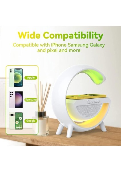 Kablosuz Şarj Istasyonu Speaker Özellikli LED Işıklı Fm Radyolu Harika Bluetooth Speaker Apple iPhone Uyumlu ve Samsung Uyumlu Telefon Şarj Standı Bataryalı 22.5cm x 22.5cm B2301 modelleri