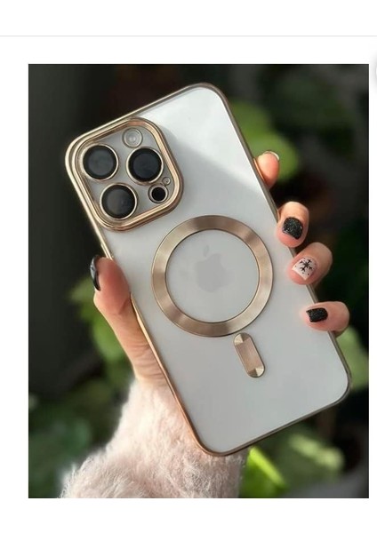 Aks Apple iPhone 13 Pro Için Kablosuz Şarj ile Uyumlu, Kamera Lens Korumalı Lazer Kılıf Gold