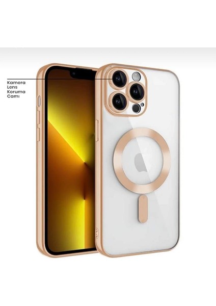 Aks Apple iPhone 13 Pro Için Kablosuz Şarj ile Uyumlu, Kamera Lens Korumalı Lazer Kılıf Gold