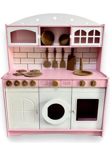 Boyalı Ahşap Oyuncak Mutfak Servis Seti Pembe- Beyaz