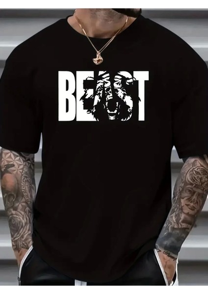 Baskılı Oversize Bisiklet Yaka T-Shirt - Siyah