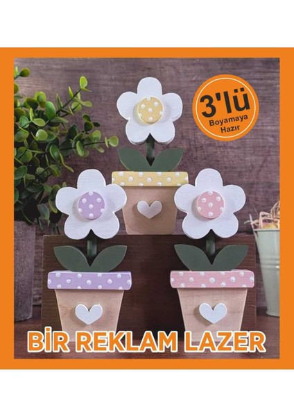 Çocuklar İçin Bahar Çiçekleri Desenli Boyama Saksıları - 3 Parça Set