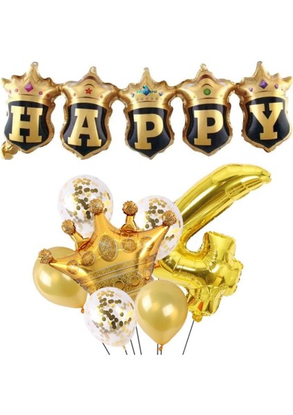 Happy Yazılı Gold Konfetili 4 Yaş Rakam Balon Set