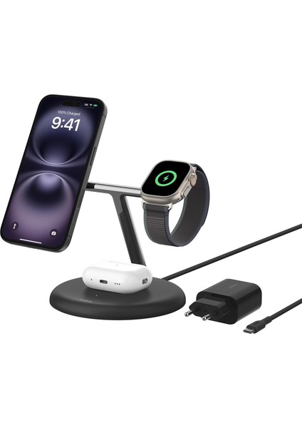 3'ü 1 Arada Manyetik Magsafe Uyumlu Qi2 15W Kablosuz Şarj Standı, Apple iPhone 16, 15, 14 ve 13 Serisi, Apple AirPods, Apple Watch Vb. Için Hızlı Şarj Özellikli (Psu Dahil) - Siyah
