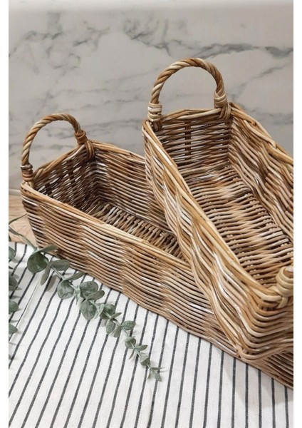 Kahverengi Rattan Bambu Hasır Görünümlü Dekoratif Saksı ve Çiçeklik 30 cm