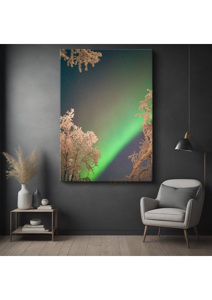 Kuzey Işıkları - Karlı Ağaçlar Arasında Aurora Kanvas Tablo