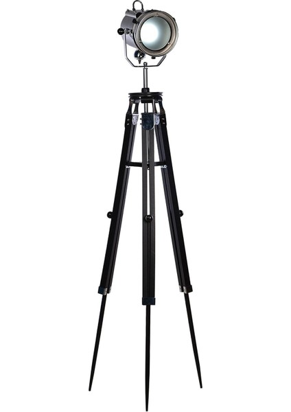 Ahşap Ayarlanabilen Tripod Ayaklı Klasik Köşe Lambası Gofi Krom Kaplama