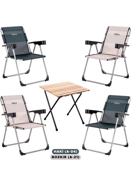 4 Adet Katlanabilir Kamp Sandalyesi ve Masa Seti - Rock - Haki / Bozkır - Bardaklıklı - 140 kg