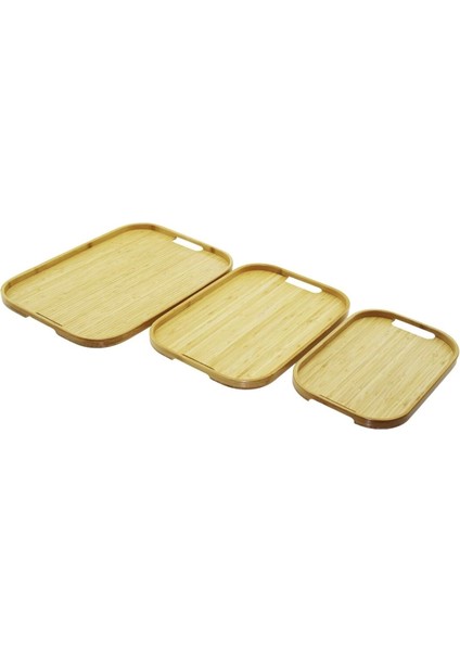 Dikdörtgen - 3 Boy Bambu Ahşap Tepsi Seti 22X33--28X40--33X45CM (4172)
