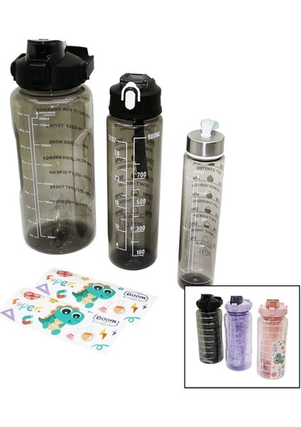 3 Boy Yavrulu Şeffaf Pipetli Renkli Suluk Matara (4767)