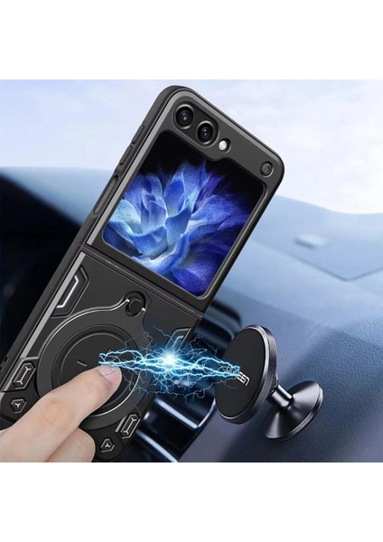 Samsung Galaxy Z Flip 6 Uyumlu Kamera Koruma 360 Dönebilen Magsafe Halka Stand Özellikli Tank Kılıf