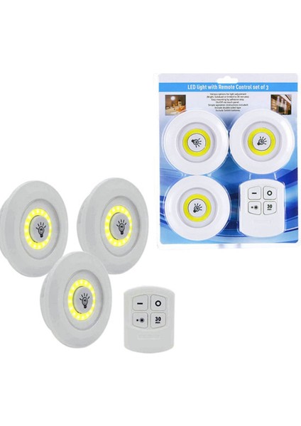 3lü Uzaktan Kumandalı Yapışkanlı Kablosuz LED Spot Lambalar (5047)