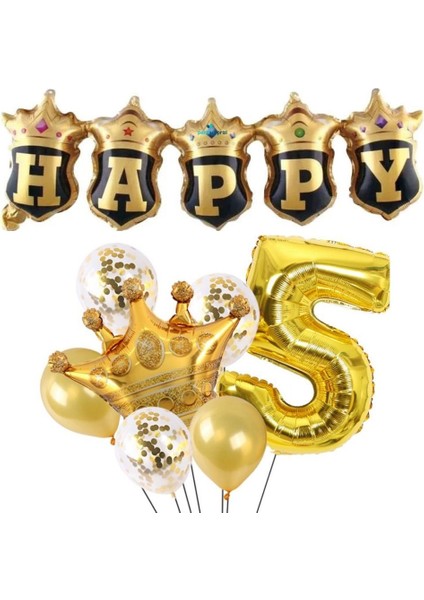Happy Yazılı Gold Konfetili 5 Yaş Rakam Balon Set