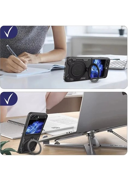 Samsung Galaxy Z Flip 6 Uyumlu Kamera Koruma 360 Dönebilen Magsafe Halka Stand Özellikli Tank Kılıf