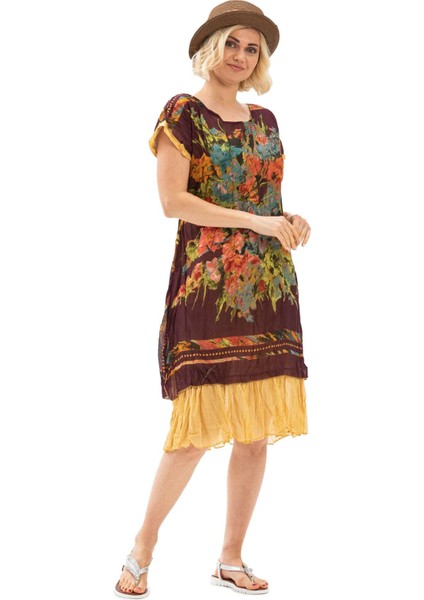 Kısa Kol Vual Defne Midi Boy Yazlık Otantik Elbise Koyu Bordo 6079 fırsatları