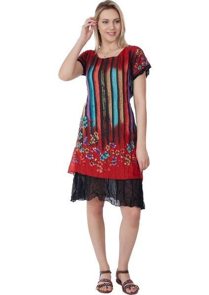 Kısa Kol Vual Defne Midi Boy Yazlık Otantik Elbise Kırmızı 6091 indirimleri