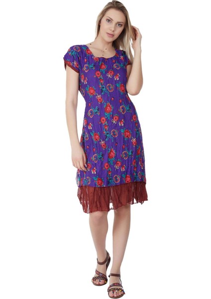 Kısa Kol Vual Defne Midi Boy Yazlık Otantik Elbise Mor 6084 indirimleri