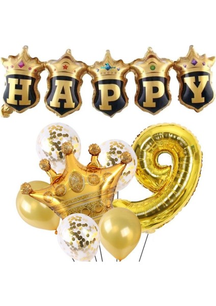Happy Yazılı Gold Konfetili 9 Yaş Rakam Balon Set