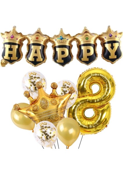 Happy Yazılı Gold Konfetili 8 Yaş Rakam Balon Set