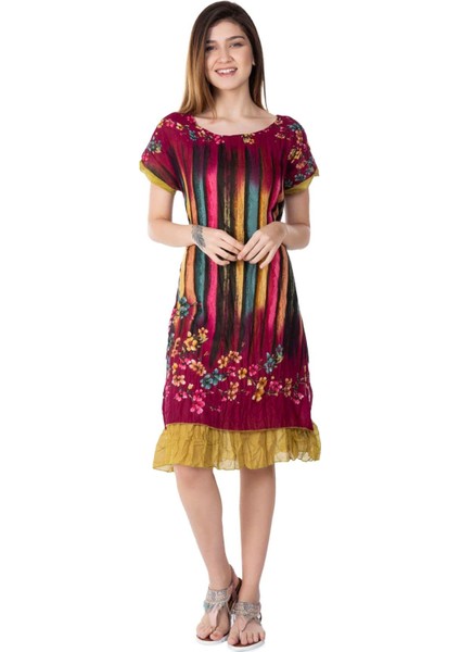 Kısa Kol Vual Defne Midi Boy Yazlık Otantik Elbise Bordo 6092 indirimleri