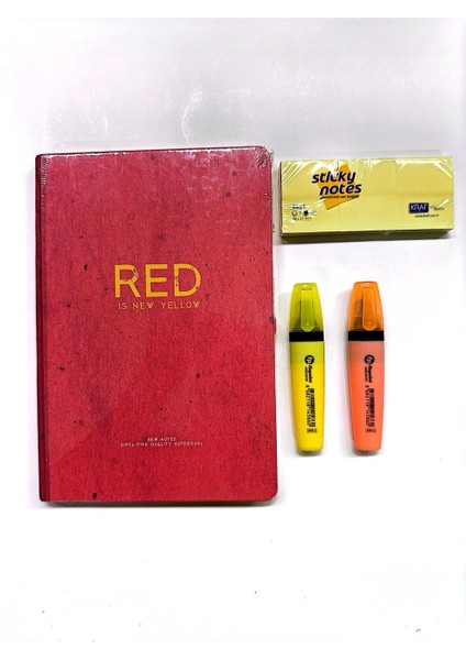 New Notes Iplik Dikişli Sert Kapak Red Defter-Fosforlu Kalem(2 Ad.)-Yapışkanlı Not Kağıdı-Set 4