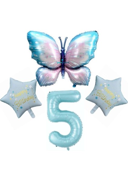 Mavi Kelebekli Happy Birthday 5 Yaş Folyo Balon Set