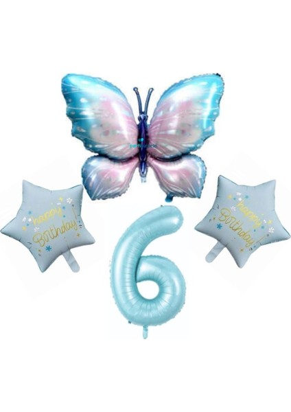 Mavi Kelebekli Happy Birthday 6 Yaş Folyo Balon Set