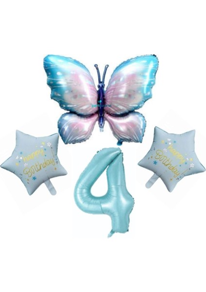 Mavi Kelebekli Happy Birthday 4 Yaş Folyo Balon Set