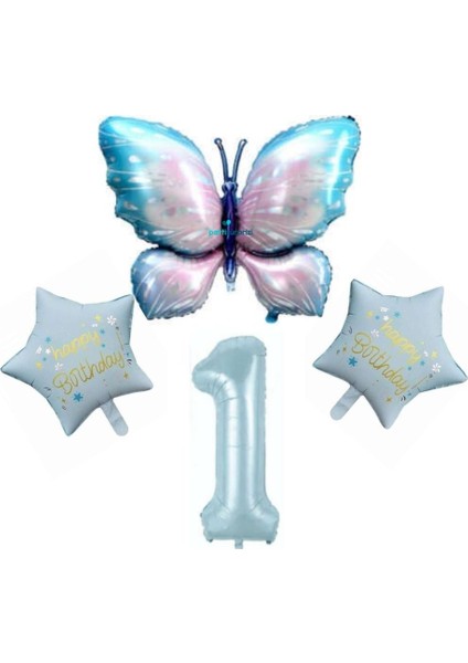 Mavi Kelebekli Happy Birthday 1 Yaş Folyo Balon Set