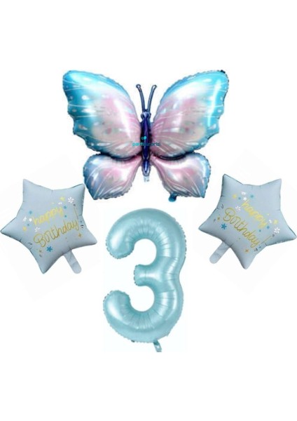 Mavi Kelebekli Happy Birthday 3 Yaş Folyo Balon Set