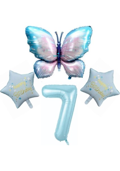 Mavi Kelebekli Happy Birthday 7 Yaş Folyo Balon Set
