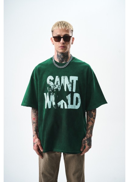 Erkek Star Baskılı Yıkamalı Oversize T-Shirt Yeşil
