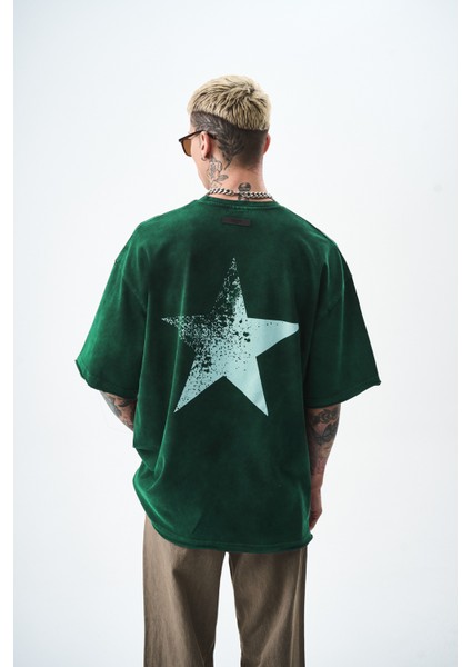 Erkek Star Baskılı Yıkamalı Oversize T-Shirt Yeşil fiyatları