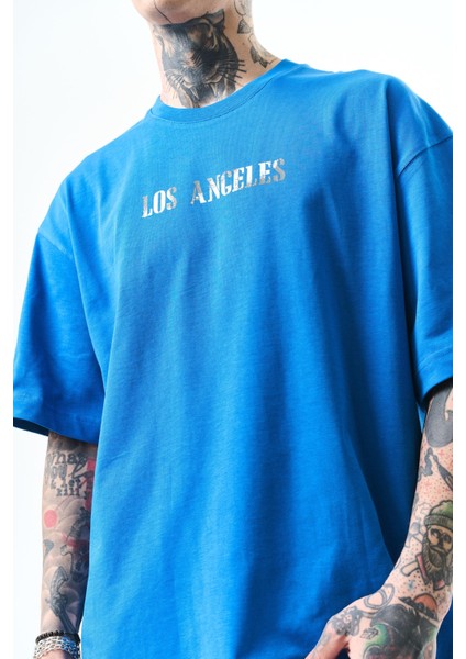 Erkek Los Angeles Baskılı Oversize T-Shirt Mavi fırsatları