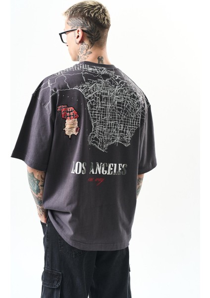 Erkek Los Angeles Baskılı Oversize T-Shirt Füme modelleri