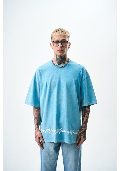 Erkek Hell Baskılı Yıkamalı Oversize T-Shirt Mavi
