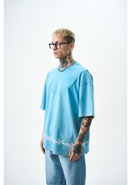 Erkek Hell Baskılı Yıkamalı Oversize T-Shirt Mavi fiyatları