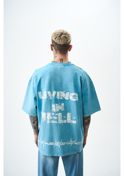 Erkek Hell Baskılı Yıkamalı Oversize T-Shirt Mavi modelleri