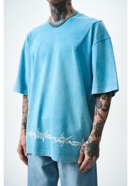 Erkek Hell Baskılı Yıkamalı Oversize T-Shirt Mavi fırsatları