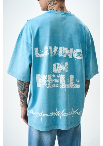 Erkek Hell Baskılı Yıkamalı Oversize T-Shirt Mavi indirimleri
