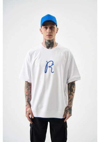 Erkek R Nakışlı Oversize T-Shirt Beyaz