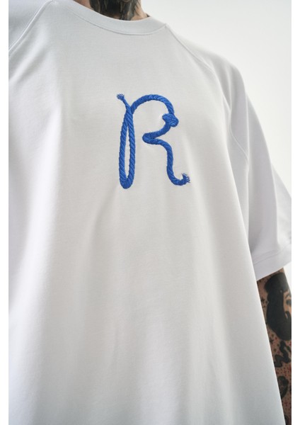 Erkek R Nakışlı Oversize T-Shirt Beyaz fırsatları