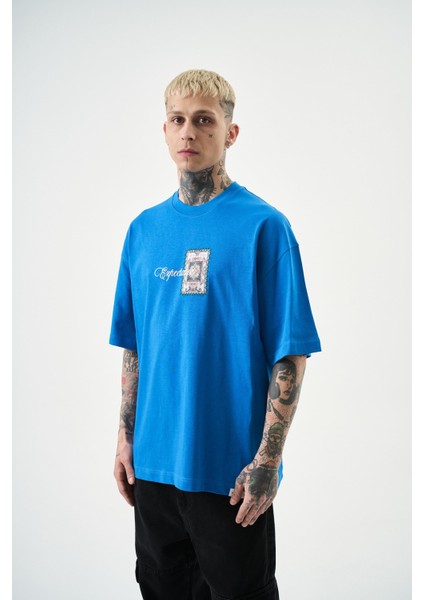 Erkek Expectation Nakışlı Oversize T-Shirt Mavi modelleri